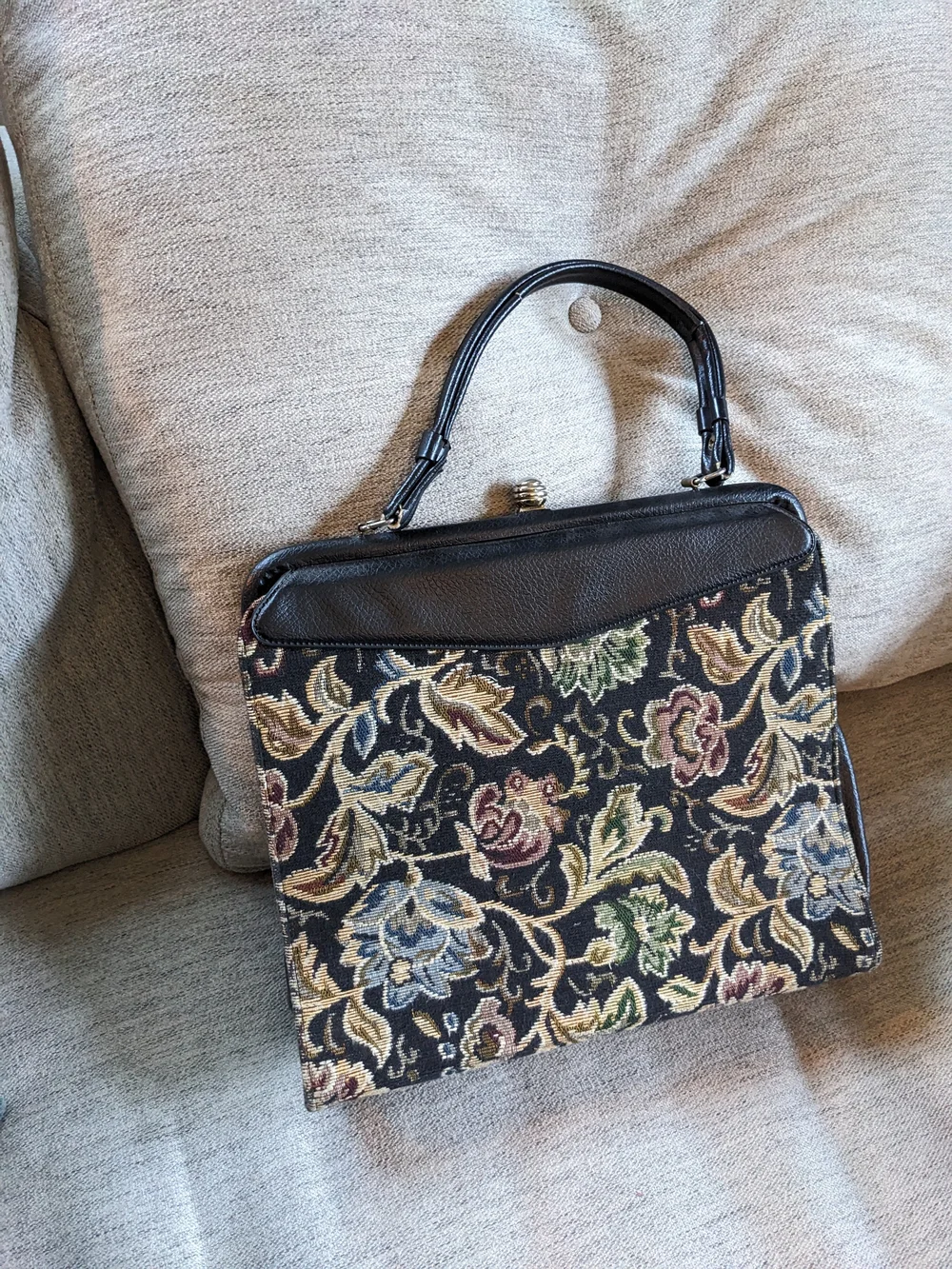 Tapestry Floral Top-Handle Bag in Black with Multicolor Embroidery